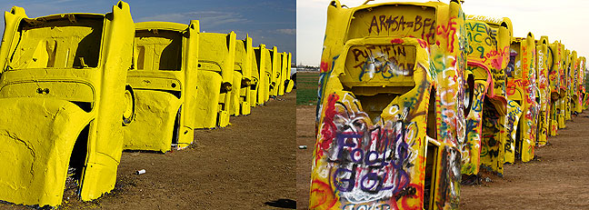 The Cadillac Ranch as it appeared on Sunday (left), and Fiday, five days later (right)