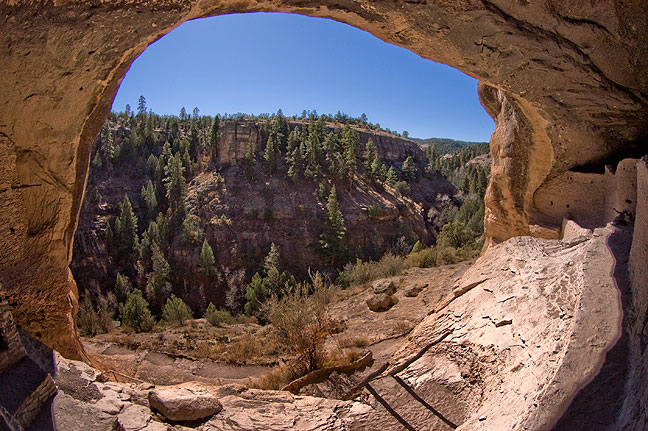 Fisheye view showing large cave opening and canyon at Gila.