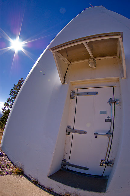 Fisheye view of the Richard B. Dunn Solar Telescope, a unique vertical-axis solar telescope, located at the National Solar Observatory at Sacramento Peak, New Mexico.
