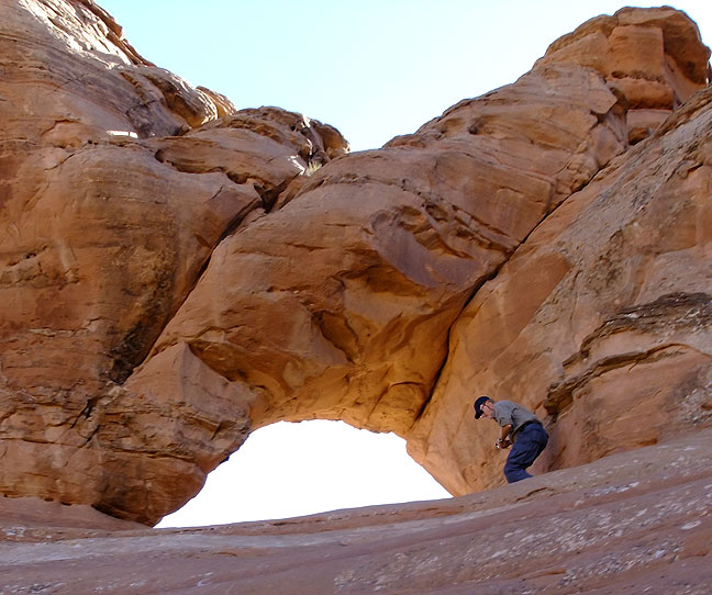 I climbed up a small cliff to photograph Delicate Arch through Frame Arch.