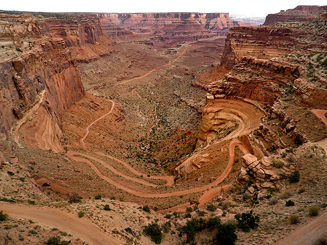 The Shafer Trail Road, which leads off the Island in the Sky Mesa at Canyonlands to the White Rim.