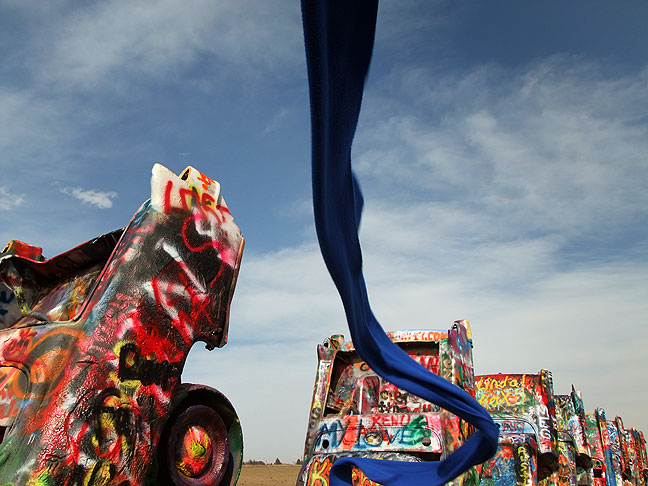 Blue scarf in the wind, Cadillac Ranch.