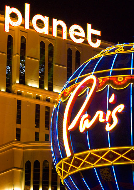 Planet Hollywood and The Paris Las Vegas combine to form this bright composition on The Las Vegas Strip.