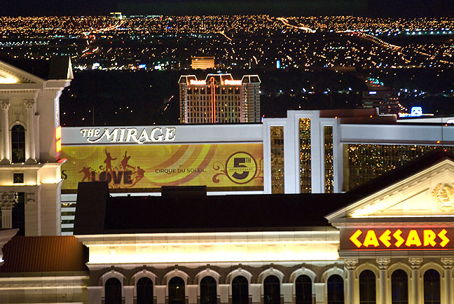This telephoto view of Las Vegas shows rooftops of some of the best-known casinos.
