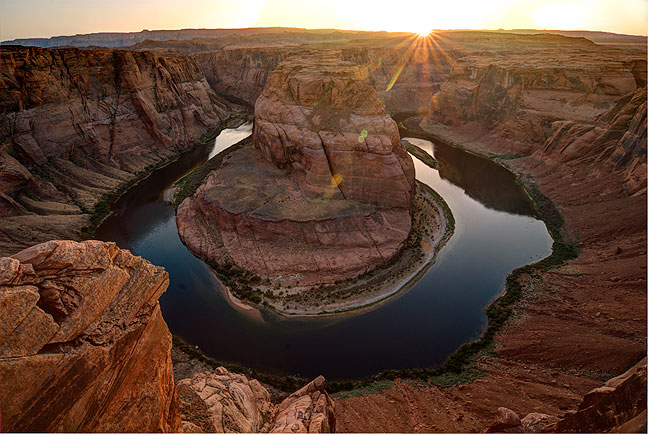 High dynamic range rendition of Horseshoe Bend south of Page, Arizona. I didn't get the performance I wanted from the sky, but the light was still nice.