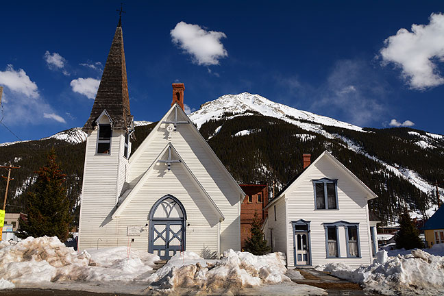 I walked the streets of Silverton for a while, which, because it was between winter ski season and summer tourist season, I had almost entirely to myself, until I found this, the First Congregational Church, built in 1876.