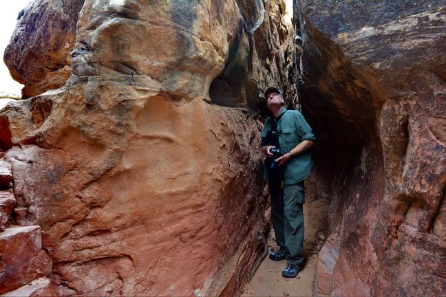 Your host explores a maze of cracks and slots on the Joint Trail deep in the Needles District of Canyonlands.