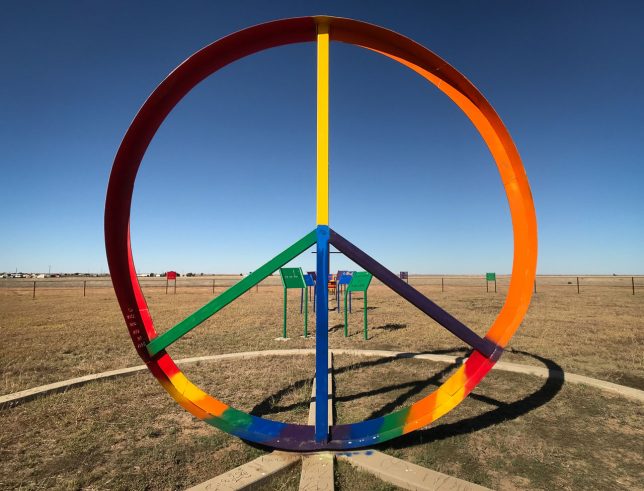 The "peace park" is an art installation at around mile marker 84 along Interstate 40 in the Texas panhandle. 