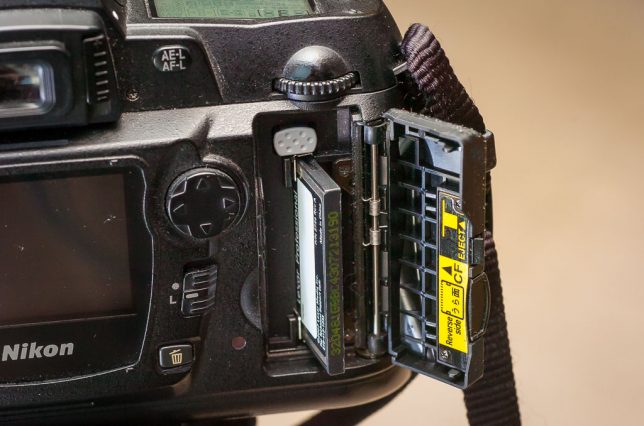 The D70S was one of the last, maybe the last, entry-level camera to use Compact Flash (CF) cards. THe D40, D40x, D50, D80, and D90 all use the much smaller, and equally capable, Secure Data (SD) cards.