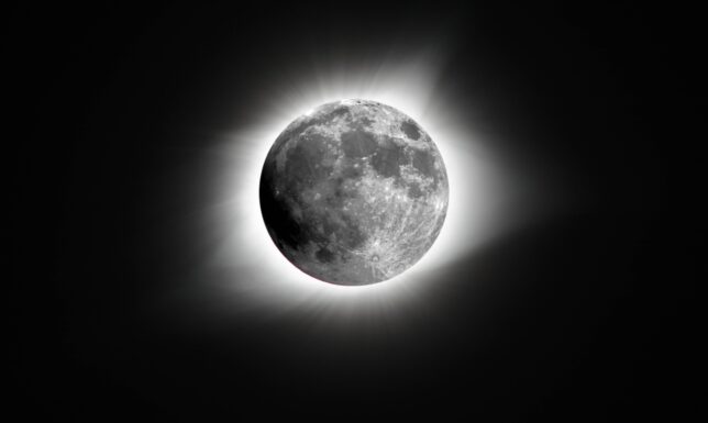 I used Adobe Photoshop to create this illustration to help viewers picture what is happening during a solar eclipse, showing what it would look like if you could see both the moon and the sun's corona. The image of the moon is from a lunar eclipse in September 2015, and the stellar corona is from the August 2017 Great American Eclipse.
