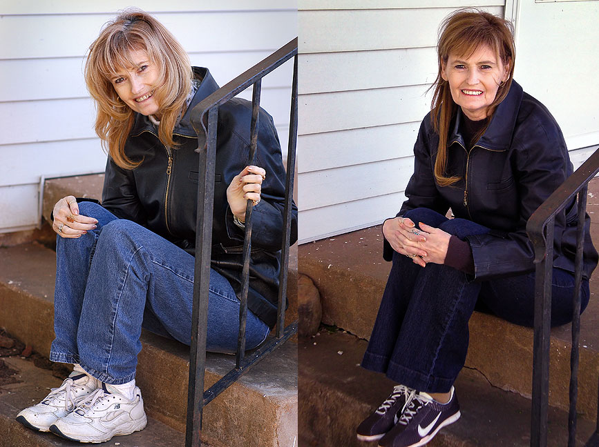 Abby on the front porch of the house in November 2003, and today