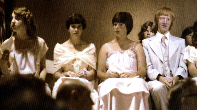 Jessica Beatty, Twila Barton, Dina Bartnicki, and I wait to graduate from Eisenhower Junior High in Lawton, Oklahoma, May 1978.