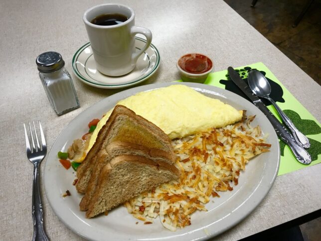 I missed my Ada Sunrise Rotary meeting two weeks ago due to the snowstorm, and last week because Abby was still in the hospital, but today I returned, and had what has become my favorite, and most indulgent, meal of the week for me, a veggie omelette, hash browns, toast and coffee.