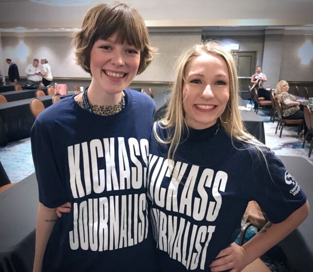 Mackenzee and Ashlynd Elizabeth "America" Huffman wear news t-shirts at the Oklahoma Press Association's annual convention in Oklahoma City in June.