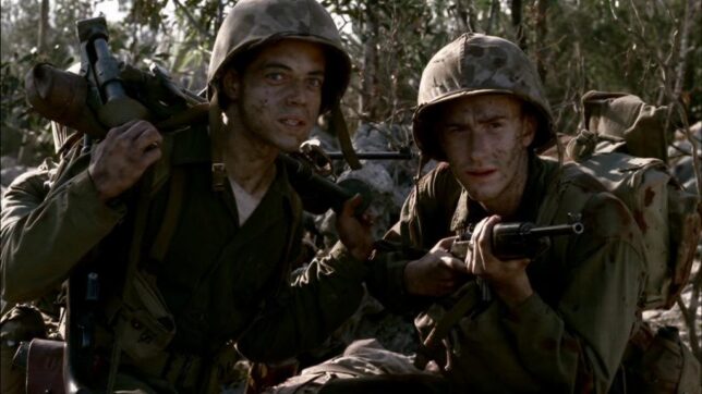 A marine nicknamed "Snafu" (left) is one of the characters we learn to hate early and often. At right is Eugene Sledge, a real hero in the Pacific, but someone whose very soul is poisoned by the cruelty of war.