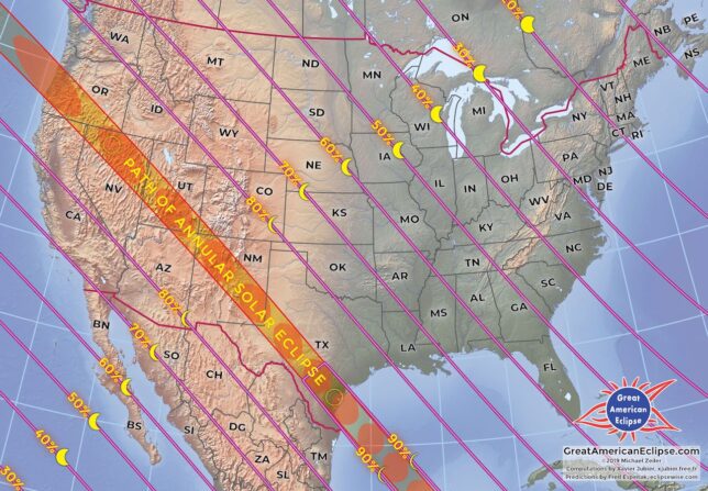 This map shows the path of the October 14, 2023 annular eclipse.