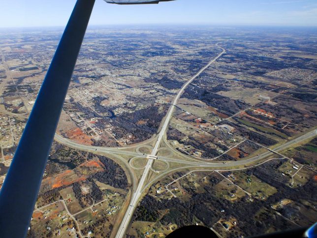 This is the cloverleaf intersection of Interstate 44 and the H.E. Bailey Turnpike Extension.