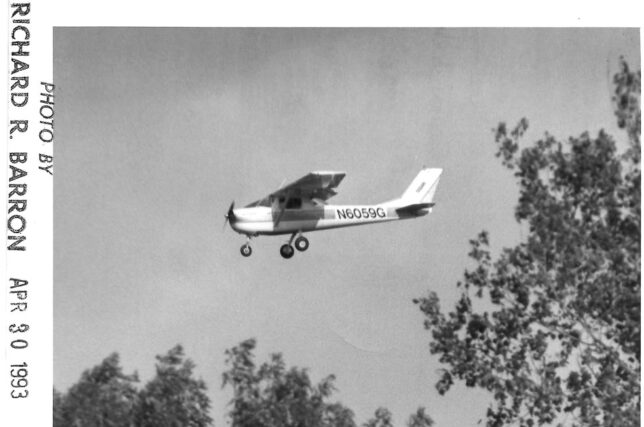 I shot this from Cougar Field, the Ada High School baseball field, which is right next to the airport. You can see the date stamp on the left edge of the photo, April 30, 1993, and the tail number, N6059G. It was just the next day, in this airplane, that I took my check ride and became a private pilot.