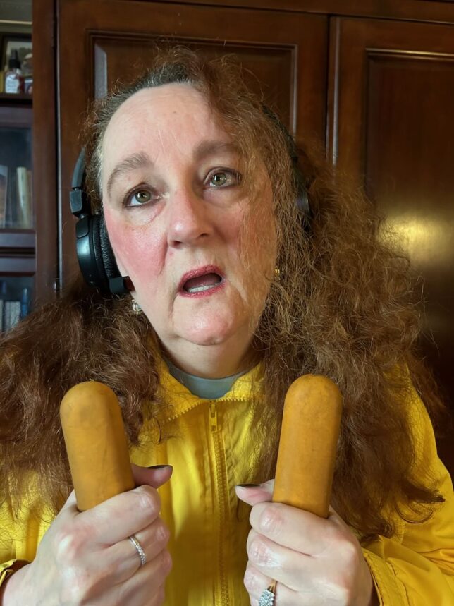 I asked my sister Nicole to send me a photo of her impersonating Karen Black in Airport 1975, and she had generated this in about 20 minutes. Um, are those corn dogs?