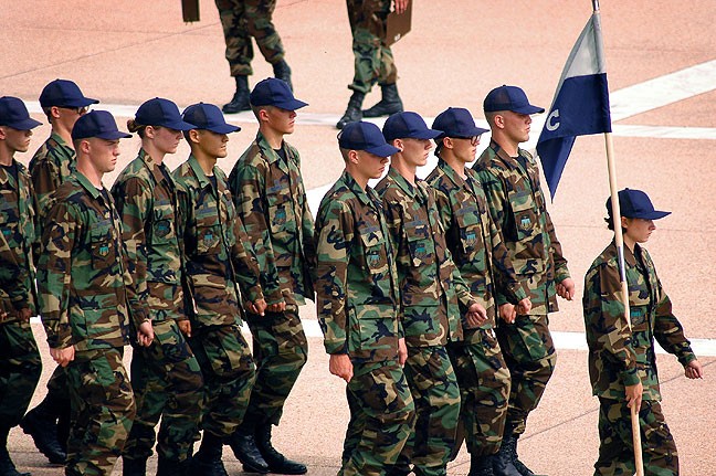 Air Force Cadets march at the Air Force Academy in Colorado Springs.
