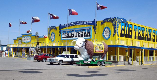 One of the campier sites along the road west is The Big Texan, where you can have a free 72-ounce steak if you can eat it within an hour.
