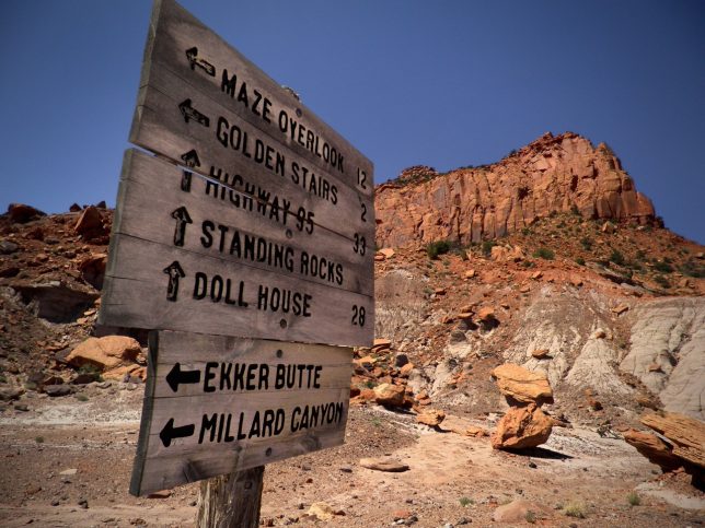 Wooden signs show the way deep in the backcountry of southern Utah.