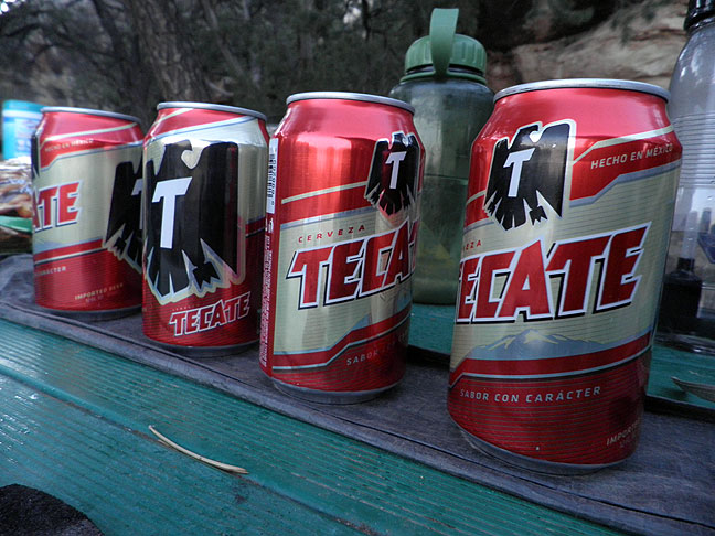 On our second night at Squaw Flat, some kids came over from the next site to ask us for fire wood. I had an extra Coleman fire log, which I gave them, even though they wanted to buy it. A few minutes later, they came back over and give us these four cans of beer from their parents to thank us.