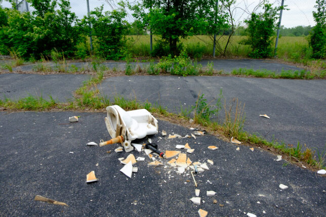 A smashed toilet sits in an abandoned parking lot. If there was something that could be smashed or broken in Picher, it was smashed or broken.