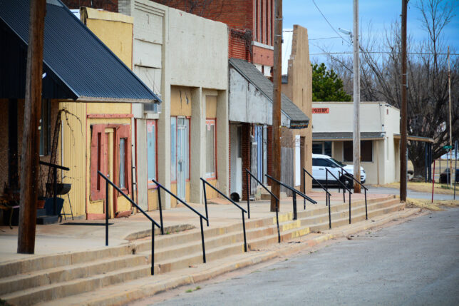 Downtown Sterling, Oklahoma is completely empty on a Saturday morning.
