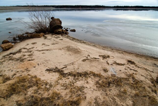 The lake was frozen in some places, including at this prominence at Sandy Beach on the northeast area of the lake.